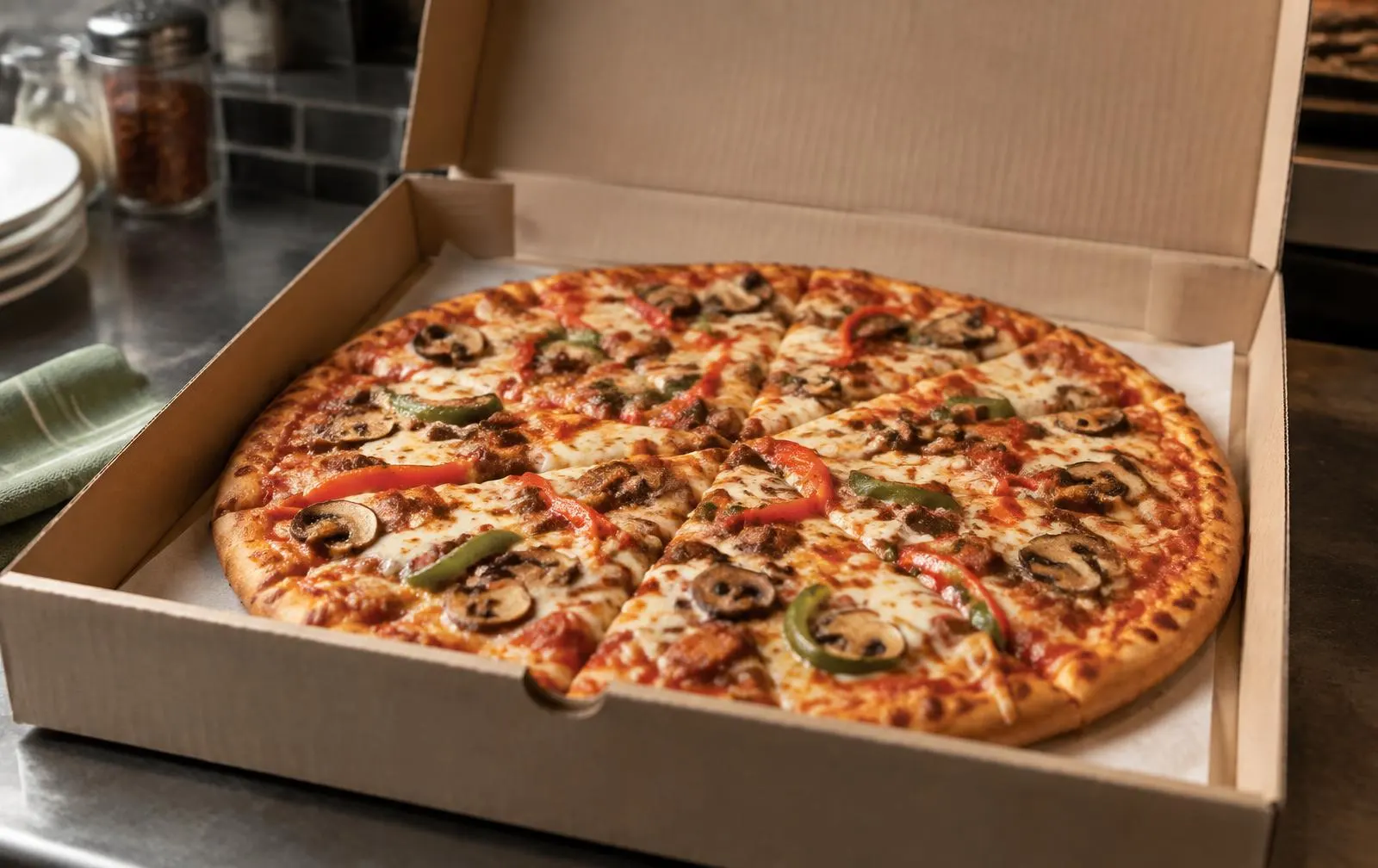 Pizza im geöffneten Karton für den Lieferservice von Da Emilio